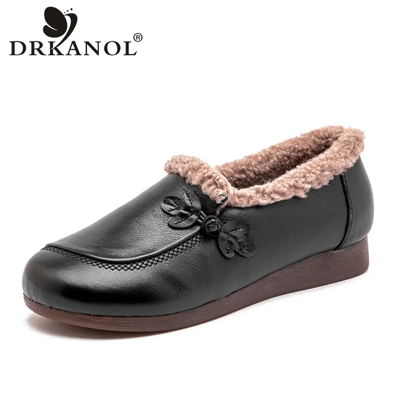 

DRKANOL модные женские туфли на плоской подошве, зимние теплые меховые лоферы без шнуровки с круглым носком из натуральной коровьей кожи, удобная мягкая хлопковая обувь для мам