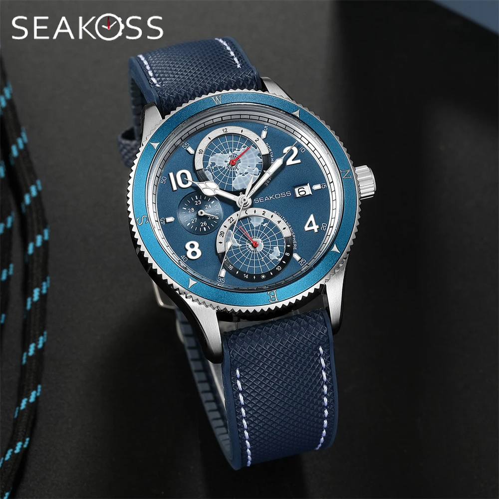 SEAKOSS Men\'s Diving Watch 1963 Earth Automatic Mechanical Watch Year Month 24Hours Display 100m Dive Super Luminous Wristwatch