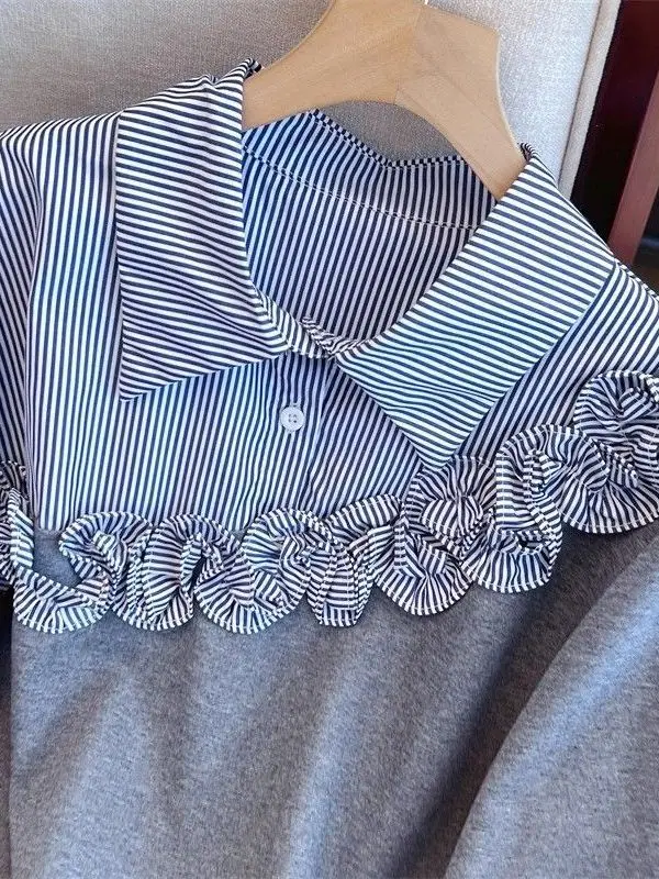 Striped irt oulder Patchwork Women's Sweatirt Spring 2026 New Sle Loose Fit Long Sve ort Length  Collar