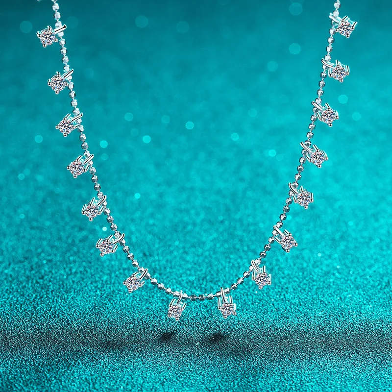 S925 Pure Silver Necklace with Starry Sky and Moissanite Necklace Plated with Pt950 Gold Bone Chain