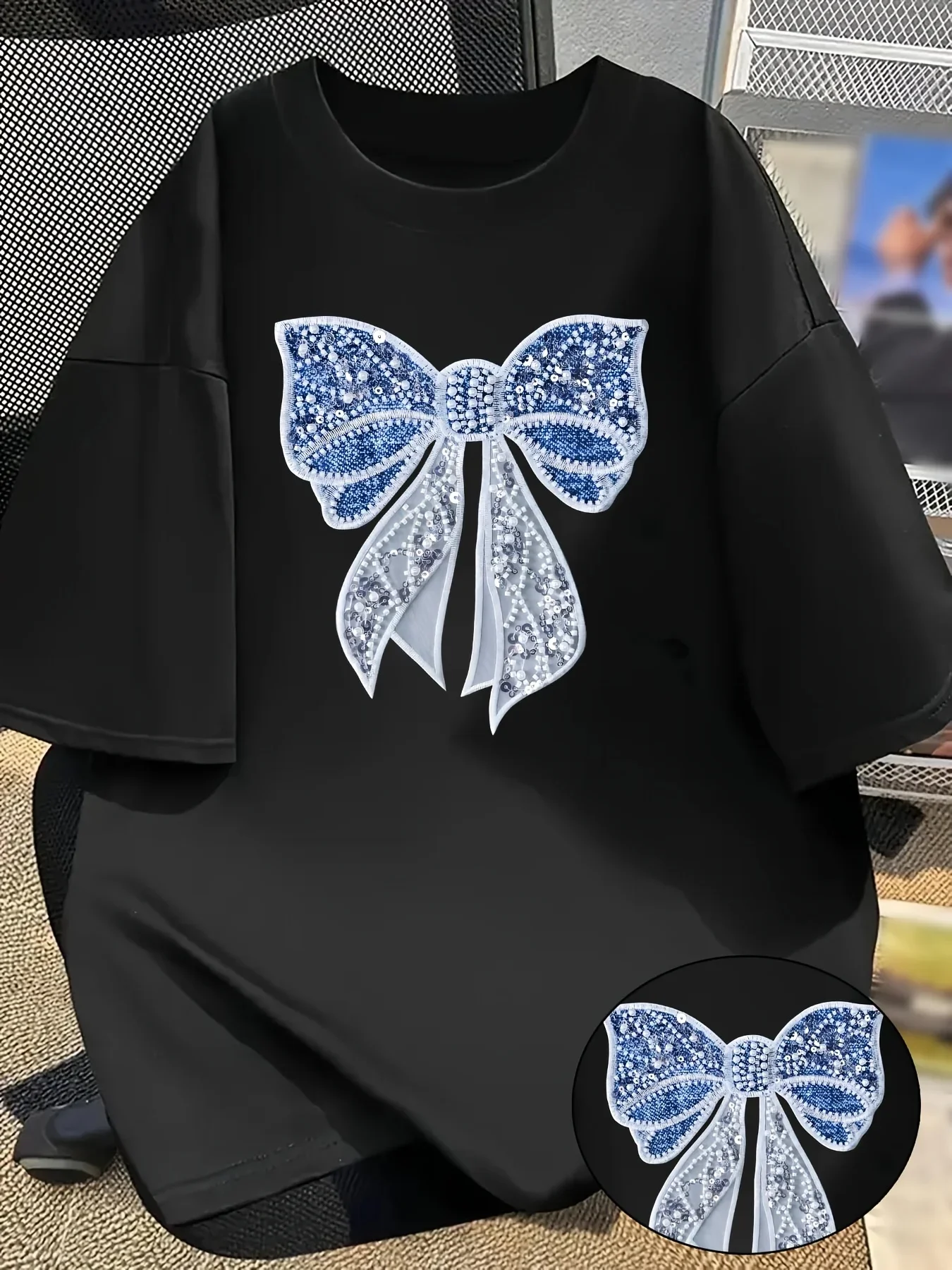Sweet and Cool Style Imitation Denim Bow Print Pattern T-shirt Slimming and Concealing T-shirt Daily Top Female Clothes 2026