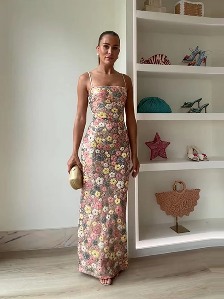 navy blue dress for baby girl Women Sleeveless Backless Sequin Flowers Slim Maxi Dresses Chic Colorful  Floral Sling Long Dress 2025 New Evening Party Vestidos