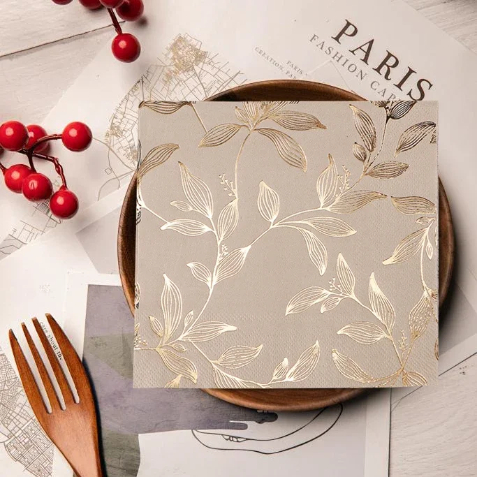 40/80pcs/set Gold Foil Leaf Napkin Birthday party gathering Free Party Table Napkins Paper Cafe Mouth Cloth Hotel Dining Tray view 3