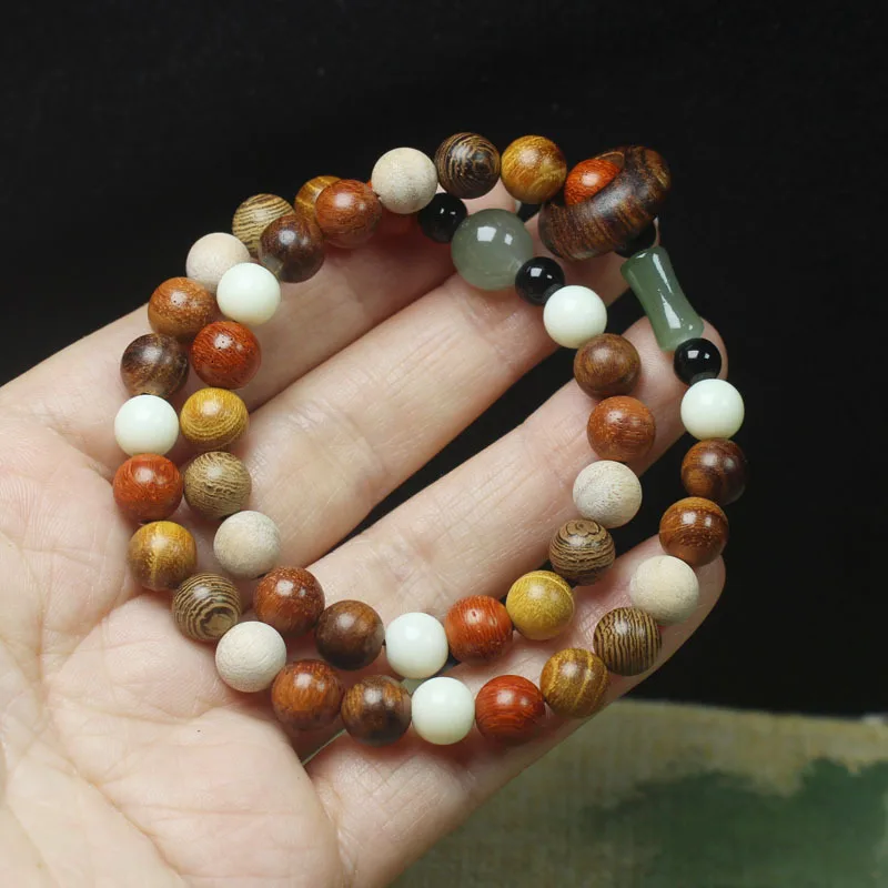 Multi-bead wooden and glass green bamboo bead 8mm double-loop bracelet, multi-bead running ring Buddhist prayer beads