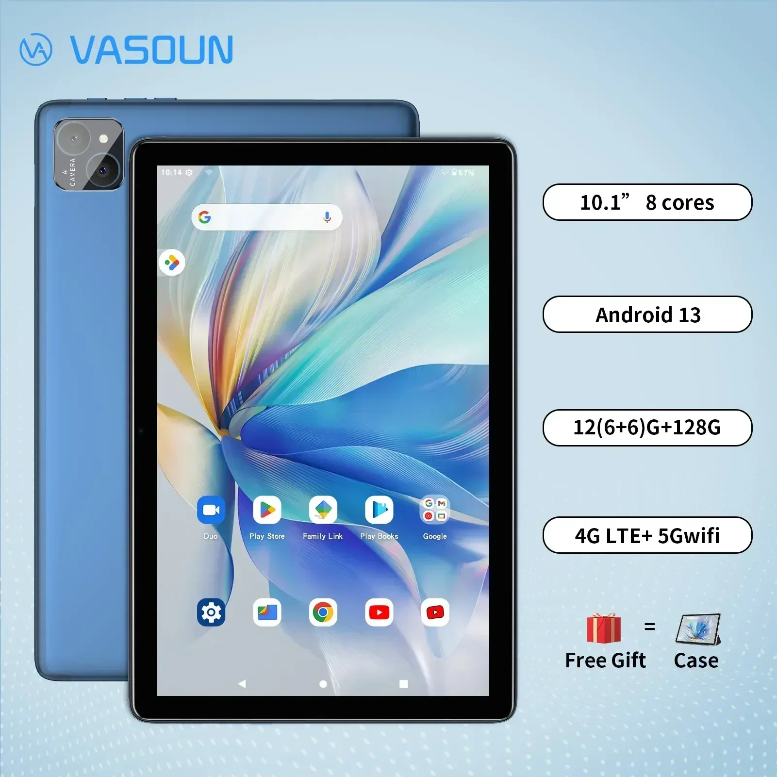 Планшет VASOUN на Android 13, восемь ядер, экран 10,1 дюйма, 12 Гб + 6 ГБ