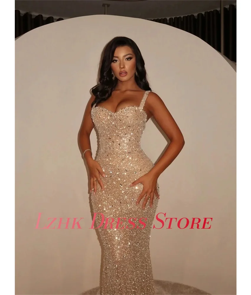 Aangepaste luxe lovertjes zeemeermin spaghettibandjes avondjurk hoge kwaliteit mouwloze lieverd vloerlengte galajurken