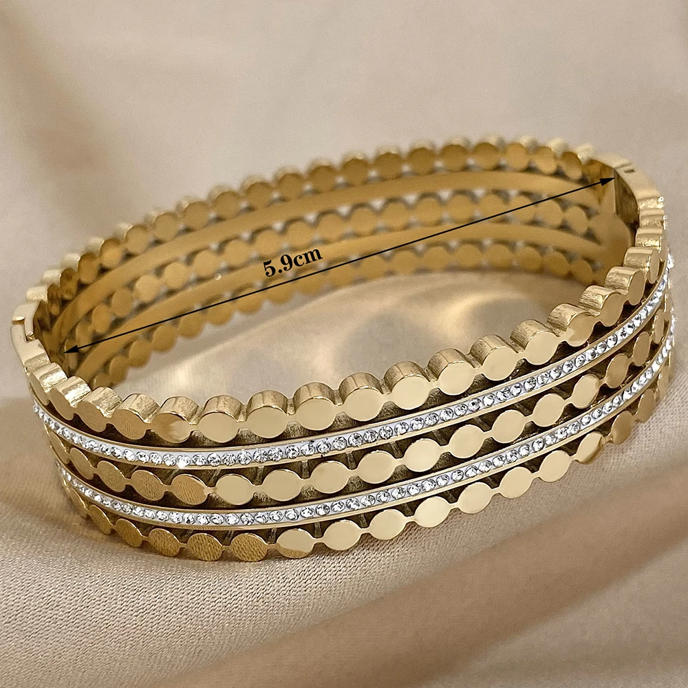 Greatera Gold Plated Stainless Steel Rhinestone Charm Wide Bangles Bracelets for Women Layered Chunky Metal Waterproof Jewelry
