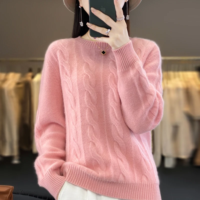 Women Winter Sweater 100% Merino Wool Thick Warm O-Neck Pullover Twist Flower Cashmere Knitwear Casual Korean Popular Clothes