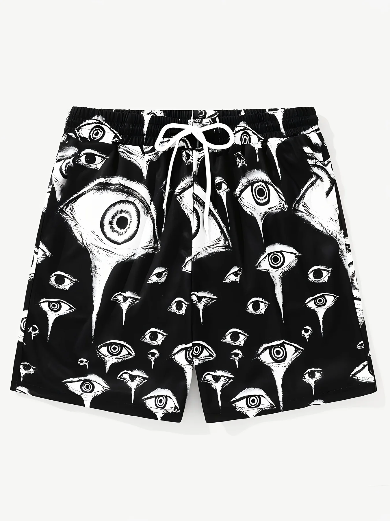 2026 New Black White All Over Eyes Print Mens Shorts Elastic Waist Running Workout Gym Sports Male Casual Shorts