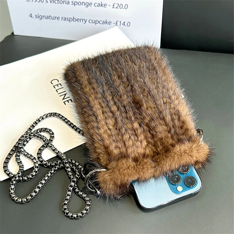 Women's Fur Mobile Phone Bag Autumn and Winter Mink Knitted Mobile Phone Bag Fashion Shoulder Bag High Quality Women's Fur Bag