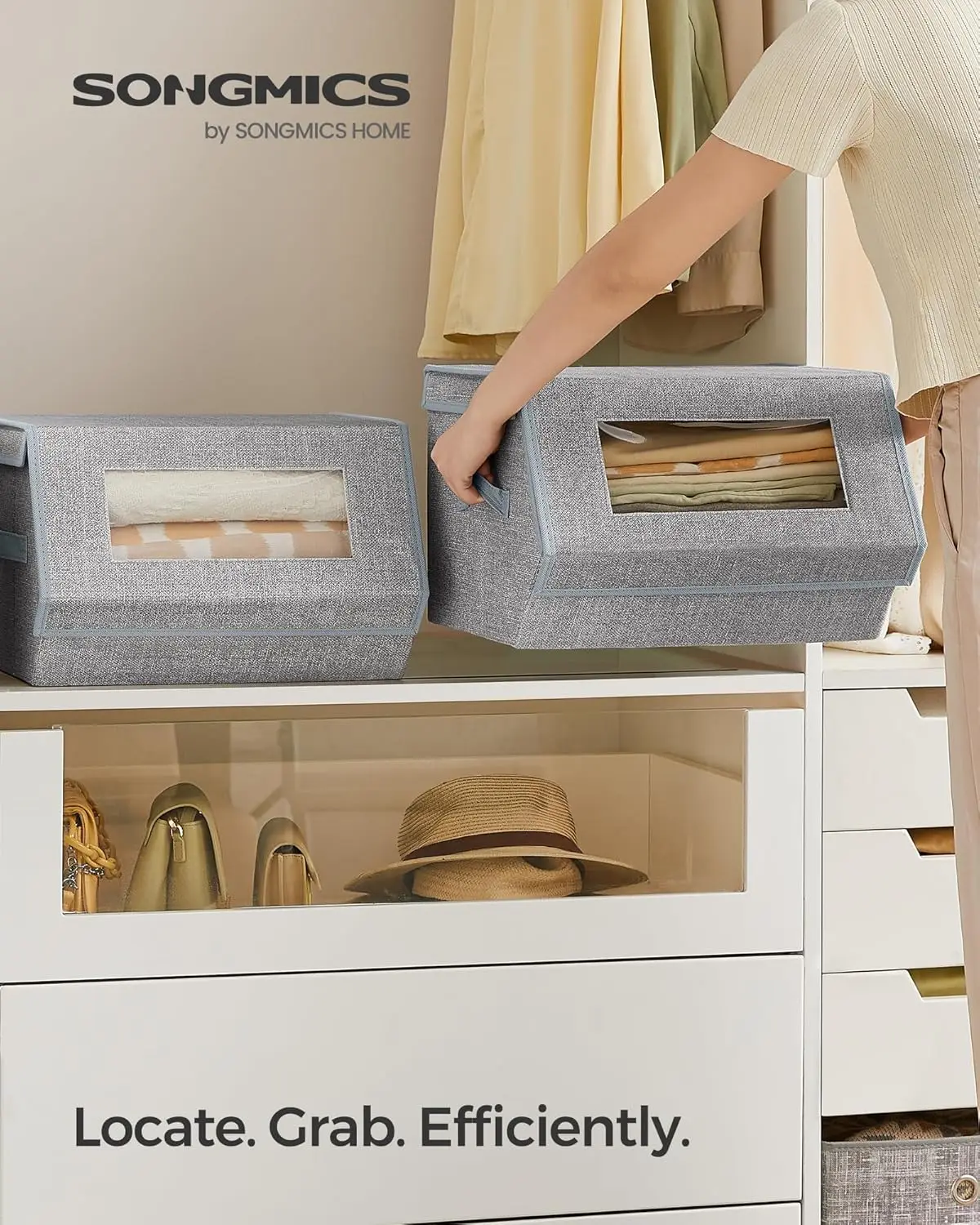 Stackable Storage Bins Set of 2, Storage Boxes with Lids and Front Windows, Non-Woven Fabric Closet Organizers with Magnetic Clo