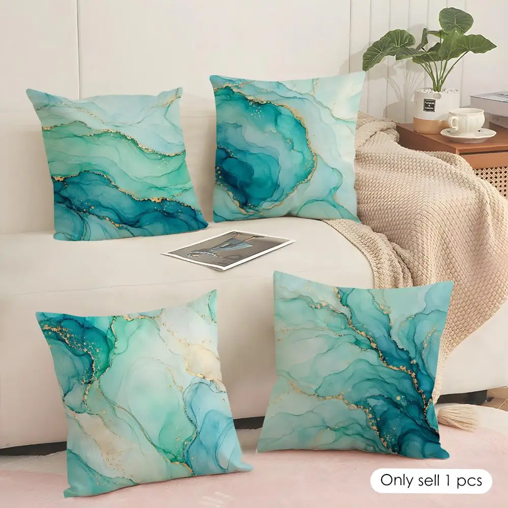 Aqua Gold Alcohol Ink Variants Cushion Cover Soft Short Plush Pillow Cover Smooth Cozy Texture Aesthetic Cushion Case Home Decor