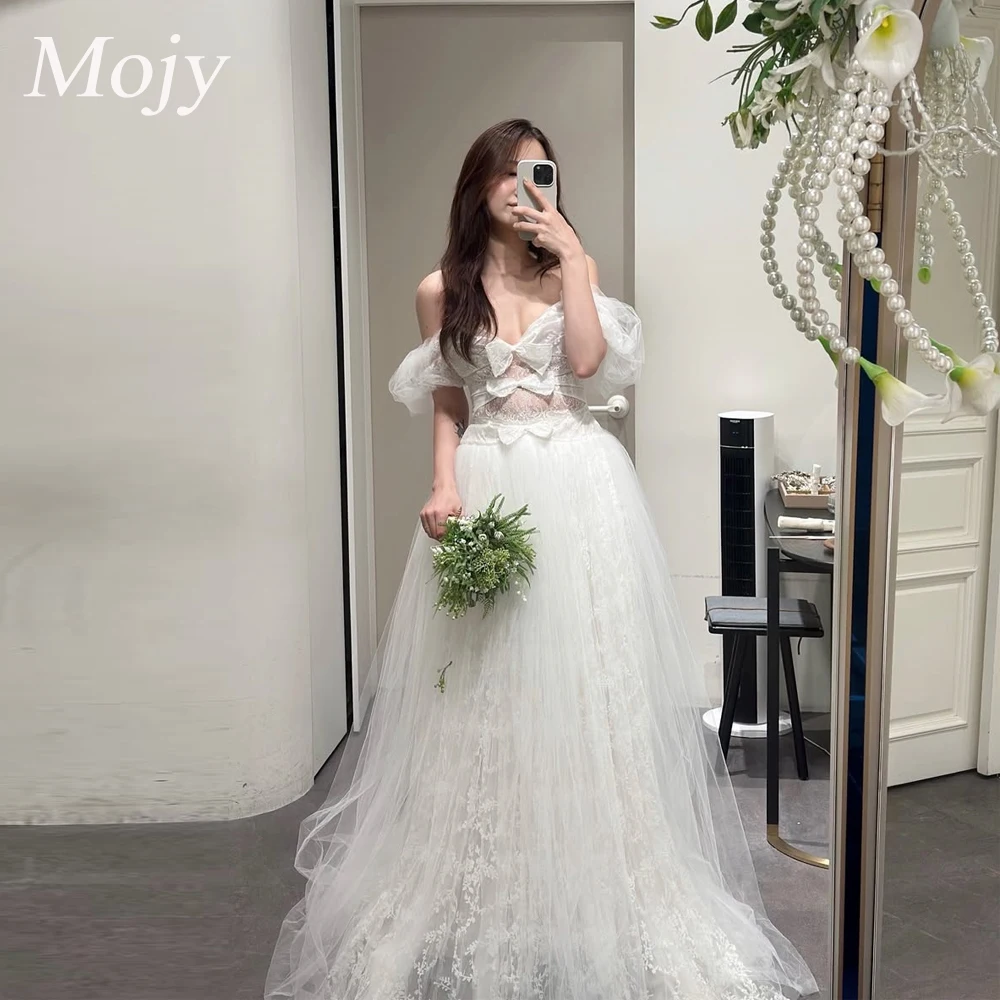 

Mojy Off Shoulder Wedding Dress Korea Photo Shoot Short Sleeve A Line Evening Dress Soft Tulle Floor Length Customized