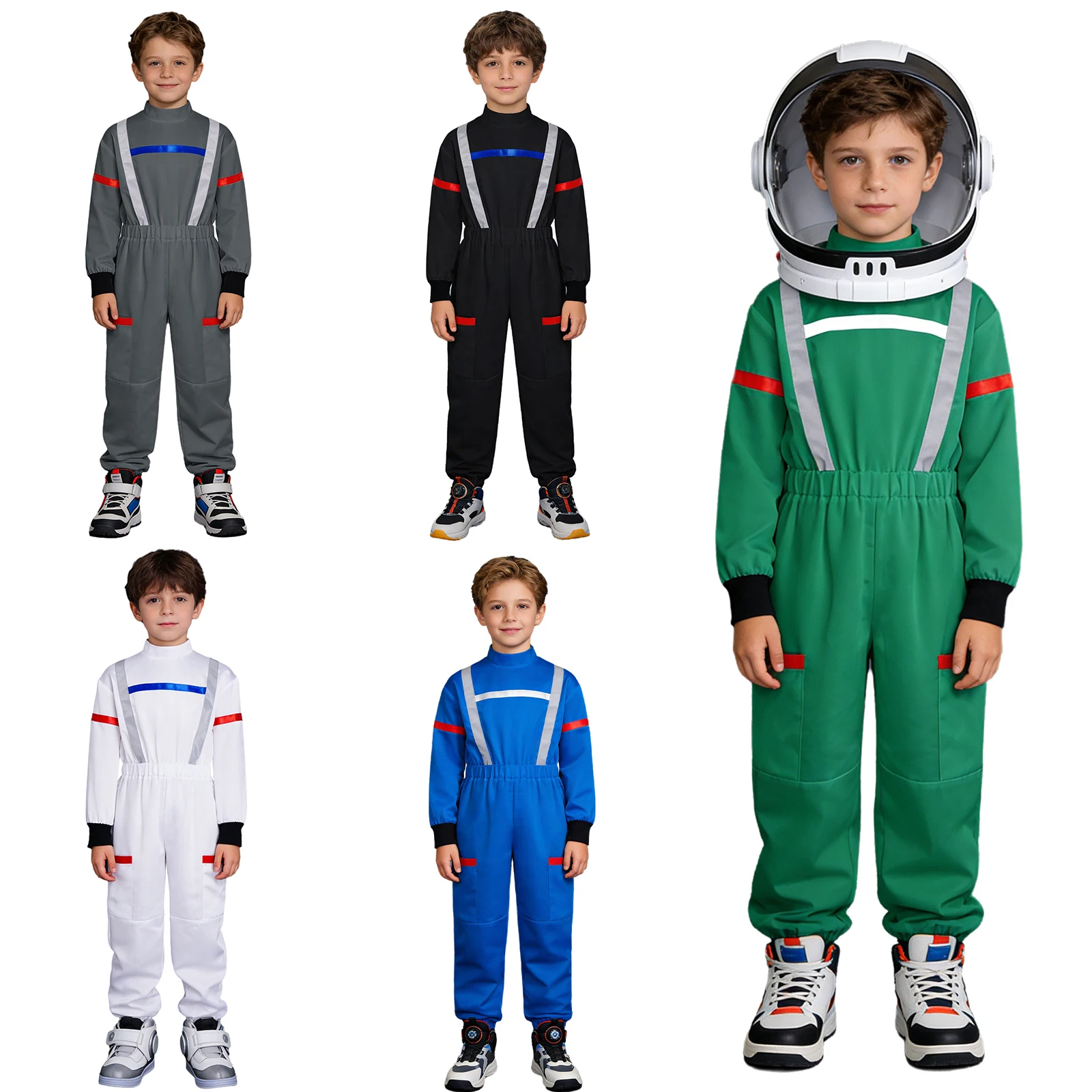 

Boys Astronaut Costume Halloween Dress-up Spacemen Romper Long Sleeve Full Body Pockets Jumpsuit Kids Astronaut Role Play Suit