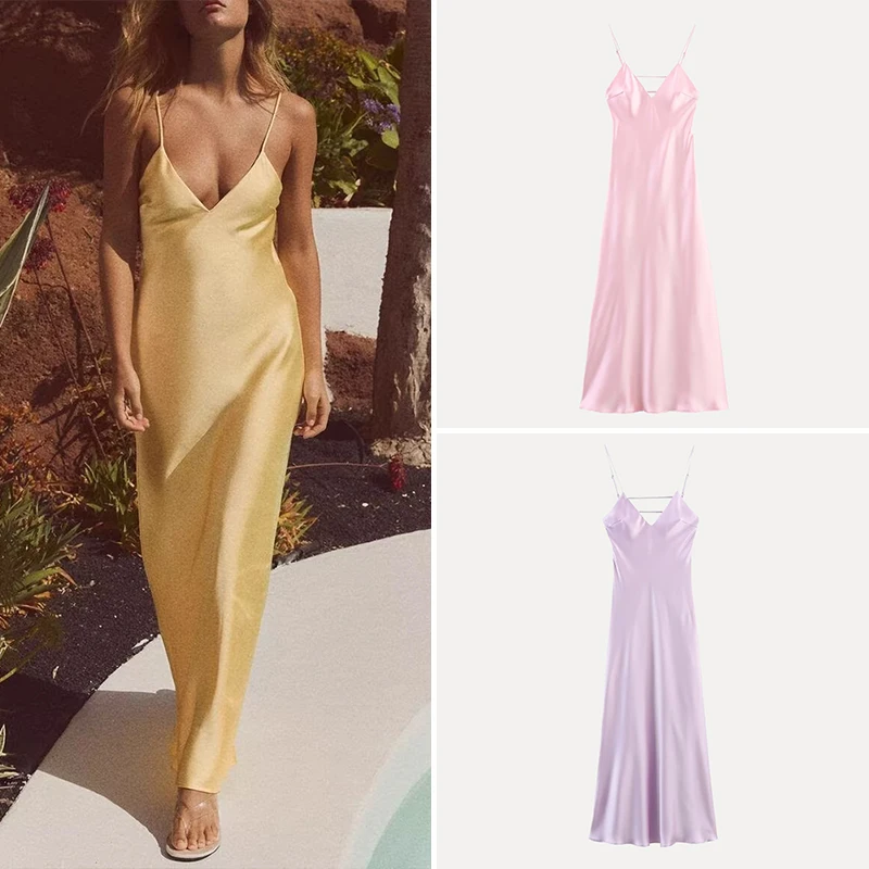 فستان نسائي صيفي 2025 بتصميم أنيق من الساتان بطول متوسط وخصر مرتفع بدون أكمام وياقة على شكل V تنورة طويلة بأسلوب عملي قطعة واحدة