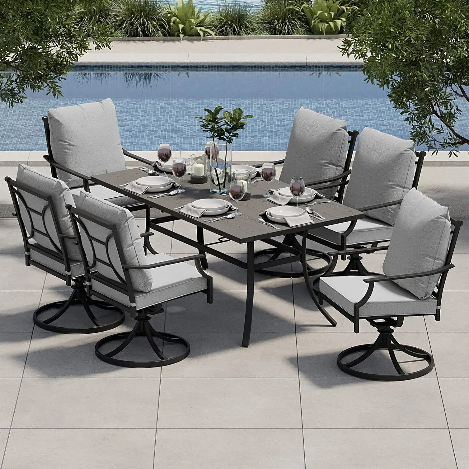 7-Piece Outdoor Dining Set for 6, E-Coated Patio Swivel Dining Set with Olefin Cushions,Rectangular Faux Woodgrain Table