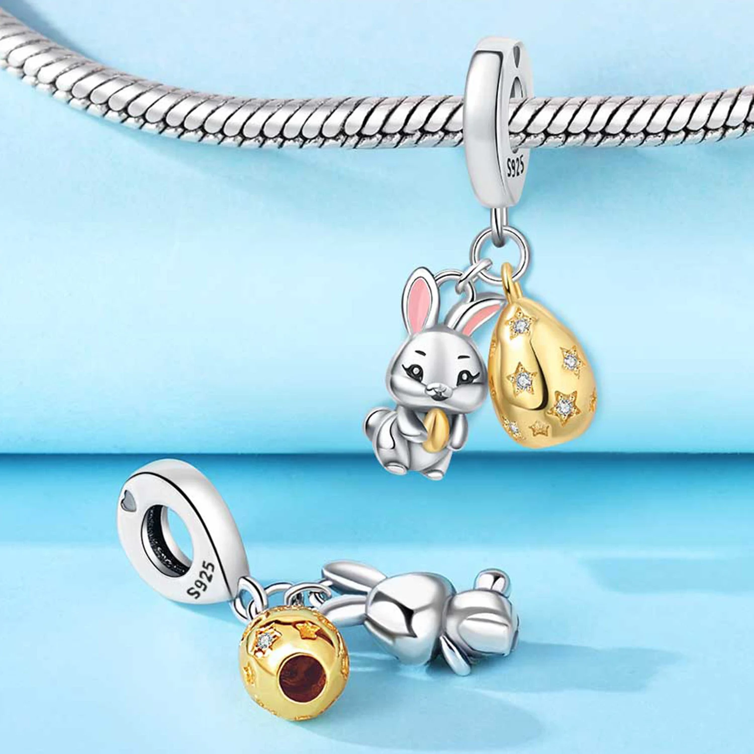 925 Sterling Silver Easter Bunny Easter Egg Pendants Bracelet Charms Fit Women Jewelry Party Beads DIY Exquisite Gifts Accessory