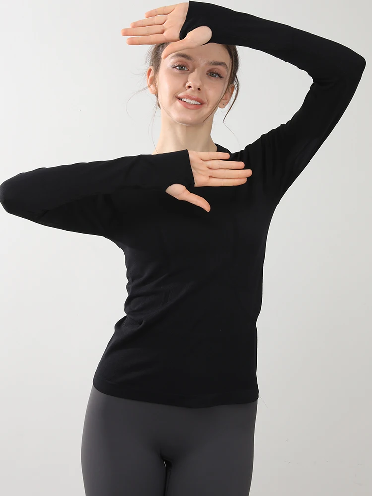 Nahtloses Yoga-T-Shirt für Damen, Sport-Top mit Rundhalsausschnitt, schmal geschnitten, langärmelig, für Laufen, Fitness, Workout, Gym – Detail 6