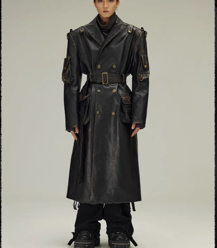 

Heavy industry coated and dyed retro distressed men's loose silhouette long coat jacket