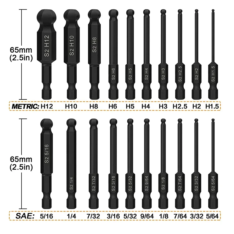 20Pcs Ball End Hex Head Allen Wrench Drill Bit Set Magnetic Metric SAE Allen Screwdriver Bits S2 Hex Bit Set Hex Key Socket Bits