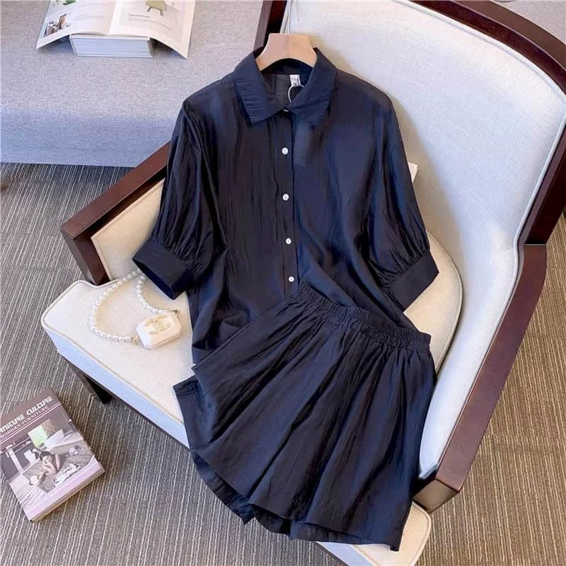 Oversized Shorts Sets Loose Half Sleeve Korean Style Polo-neck Shirts and Wide Leg Pants Two Piece Sets Casual Women Clothing