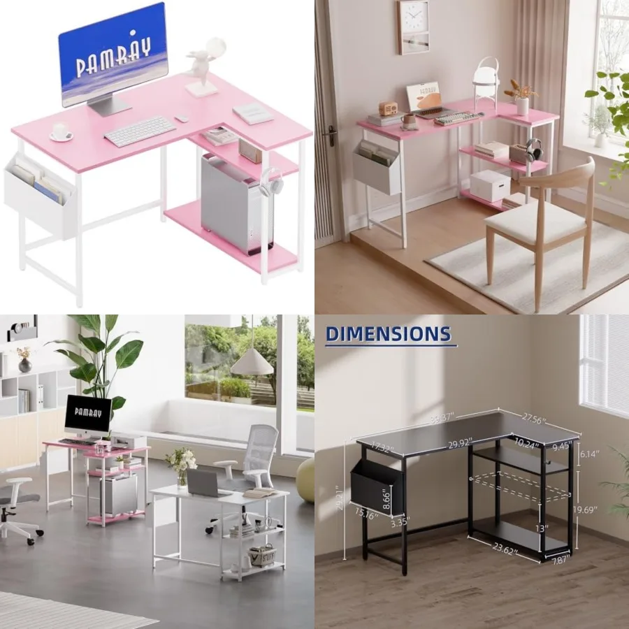 

L Shaped Computer Desk with Reversible Side Storage Shelves, Small Corner Desk for Small Space Home Office, Writg Study Table P