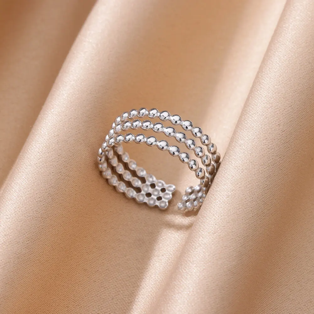 Fashion Three-layer Beads Rings For Women Men Gold Color Stainless Steel Ring Wedding Aesthetic Finger Jewelry Accessories Gift