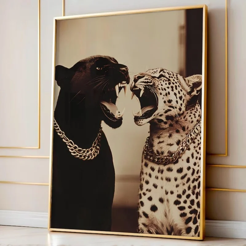Panther and Leopard Print, Chic Trendy Gold Animals Artwork, Maximalist Cheetah Poster, Luxury Large Room Prints Wall Art