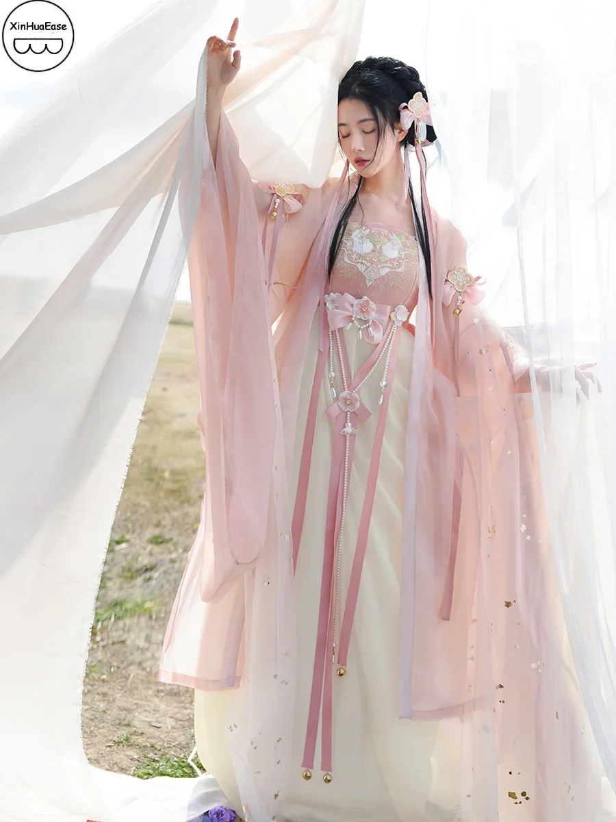 WATER Original Hanfu Dress Female Fresh Chebula Skirt Han Elements A Complete Set Of New Models Spring 8PCS SET Pink Color