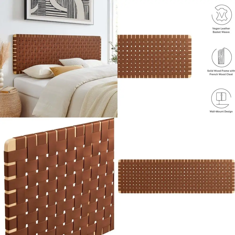 Vegan Leather Weave King Size Headboard in Natural Brown, Wall Mount Design, Faux Leather Headboard for Platform Beds