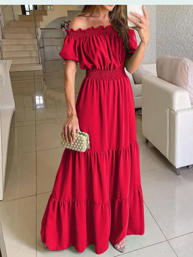 

Women Slash Neck Maxi Dresses Summer Solid Casual Loose Short Sleeve Ruffle Dress Female Beach Party Long Dresses Elegant Robe