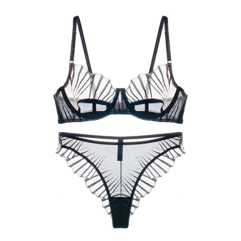 

Женские трусы из 2 предметов, черный комплект нижнего белья с гребешком на груди, комплект нижнего белья с вышивкой, черный сетчатый бюстгальтер-минимайзер без подкладки