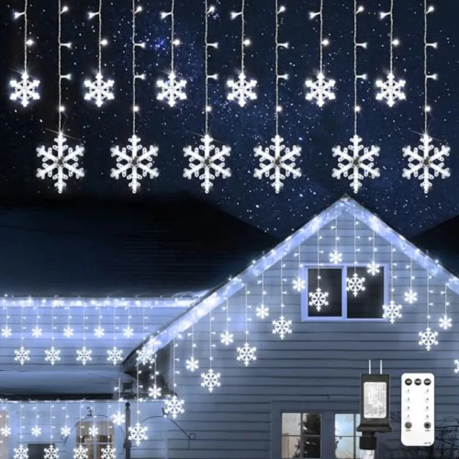 Christmas Snowflake Lights Outdoor 10.7ft Connectable Holiday String Lights Plug in with 14 Drops Hanging Icicle Lights for Out