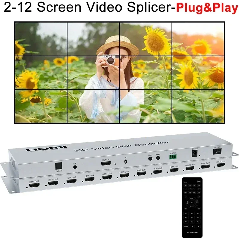 3x4 Multi Monitor Splicing Processor 1080P 60Hz 1 in 3 6 9 12 Out 2X2 3X3 1X4 1X5 HDMI Video Wall Controller TV Splicer RS232