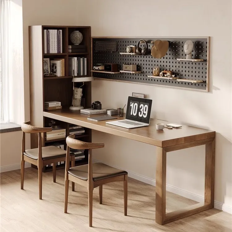 Solid wood children's desk bookcase bookshelf integrated combination double long computer desk