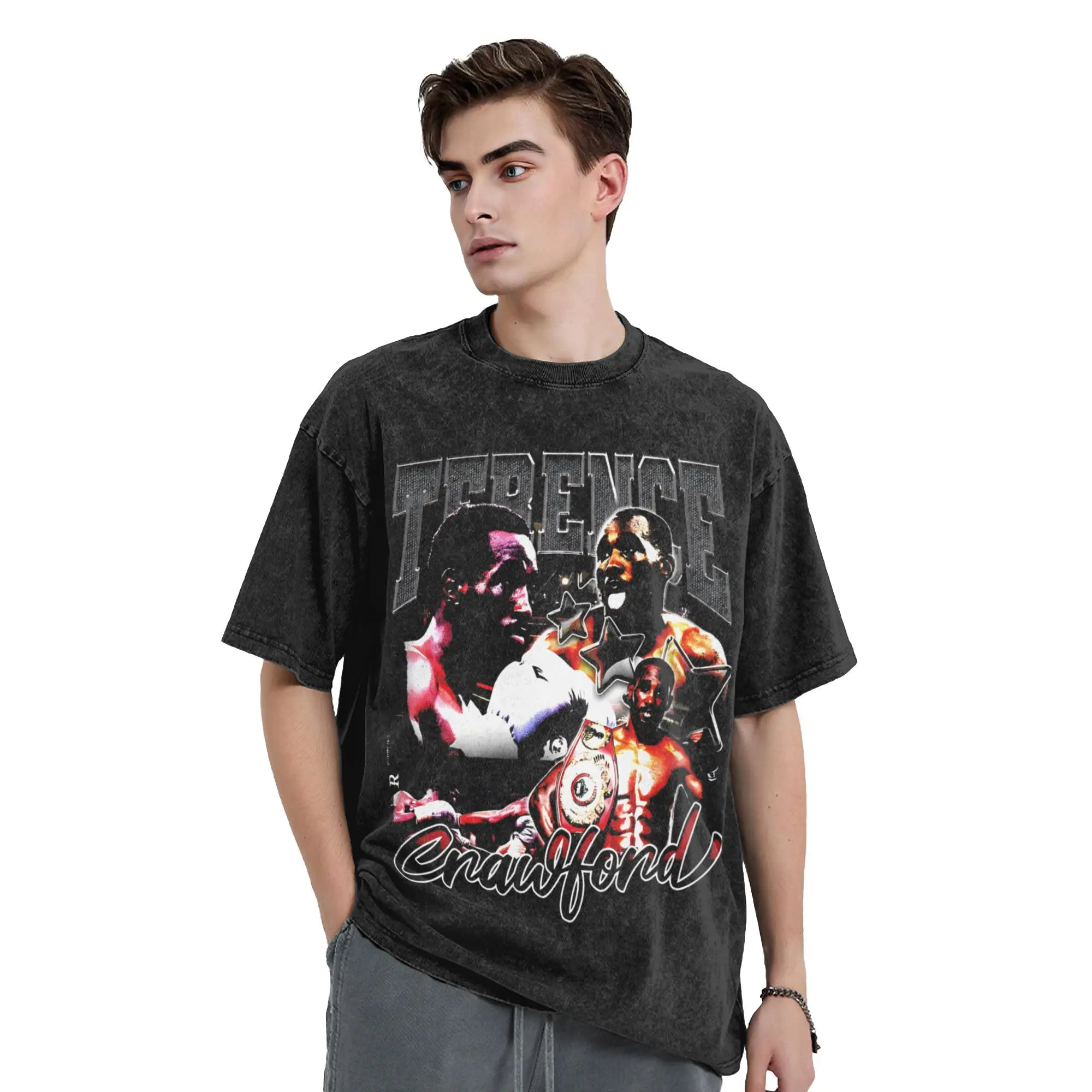 خمر تيرينس كروفورد الملاكمة بطل الأمريكية الملاكم تي شيرت للرجال Crewneck 100% القطن غسلها تي شيرت قصيرة الأكمام تيز