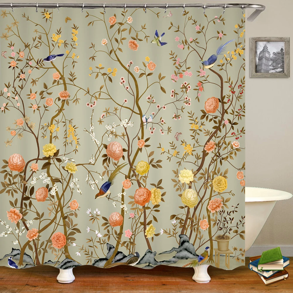 Chinese Style Flower Bird Shower Curtains Waterproof Bathroom   Curtain 3d Printed Fabric With Hooks Decoration Shower Curtain