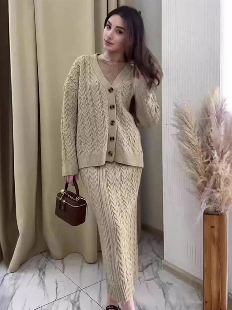 Knit Skirts Suit Women Casual Loose V Neck Single Breasted Soft Knit Sets Female 2024 Autumn Winter Fashion Solid Set 2 Pieces