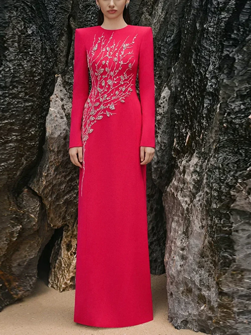 Modphy جودة عالية مصمم أزياء المرأة حجر الراين الماس مطرز فستان طويل رسمي كم طويل فستان ماكسي فاخر