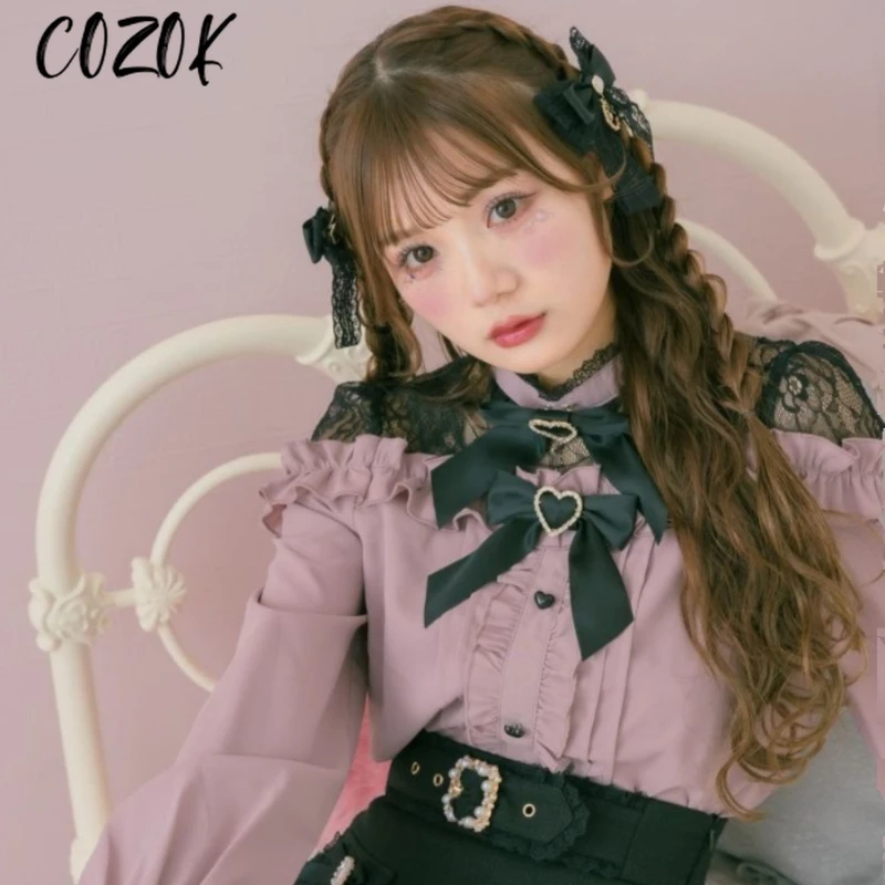 

Cute Sweet Mine Series Mass-Produced Jirai Kei Double Bow Shirt Kawaii Tops Mujer Autumn New Lace Stitching Off-Shoulder Blouse