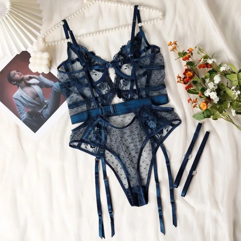 Toucheart Lace Sexy Skinny Babydoll Bodysuit Embroidery Erotic Private Adult Suit Solid Color Patchwork High Waisted Sexy Set image 5