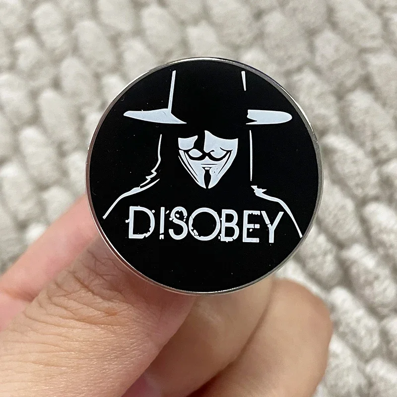 Disobey button badge V For Vendetta enamel pin White mask guy fawkes face anarchy anonymous brooch