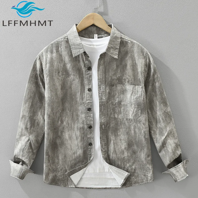 

7666 Spring Autumn Trendy Japanese Style Tie Dye Shirt for Men 100% Cotton Good Quality Long Sleeve Loose Casual Stylish Tops