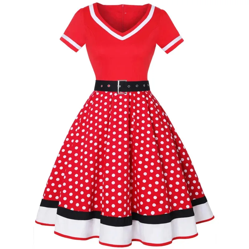 Elegant Polka Dot Patchwork Vintage Dresses Women Robe Hepburn Style Slash Neck Off the Shoulder Summer Party Prom Dress