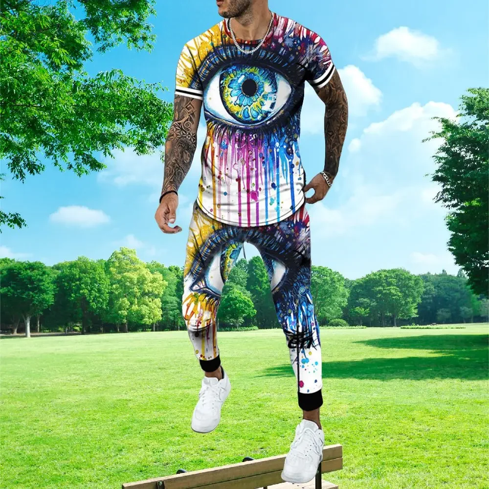 

2025 модный мужской брючный костюм с короткими рукавами и 3D принтом глаза, дышащий, быстросохнущий, повседневный спортивный мужской костюм на открытом воздухе