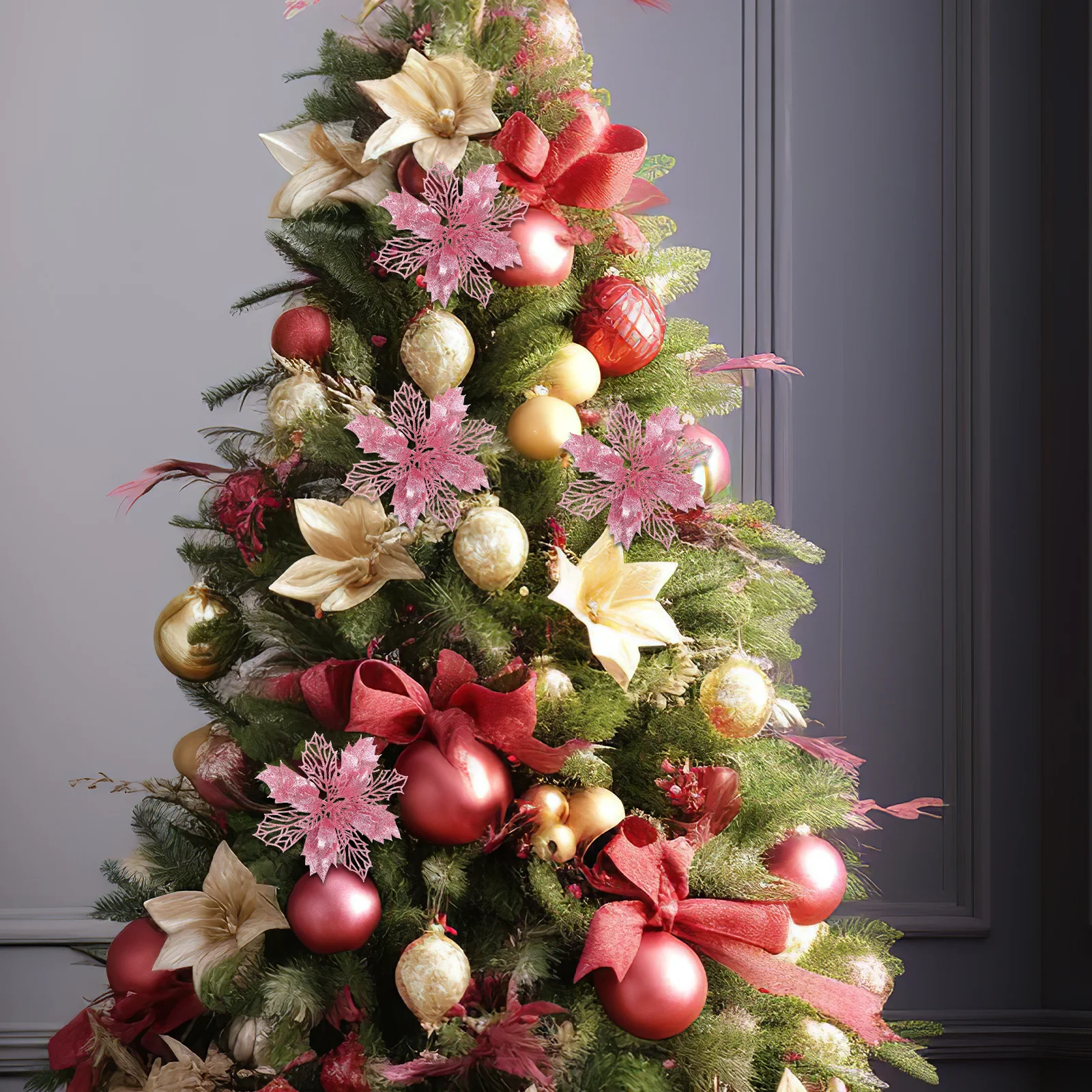 

12Pcs Christmas Glitter Flower Pendants Artificial Hanging Ornaments Festival Party Tree Decorations Christmas Glitter Flowers