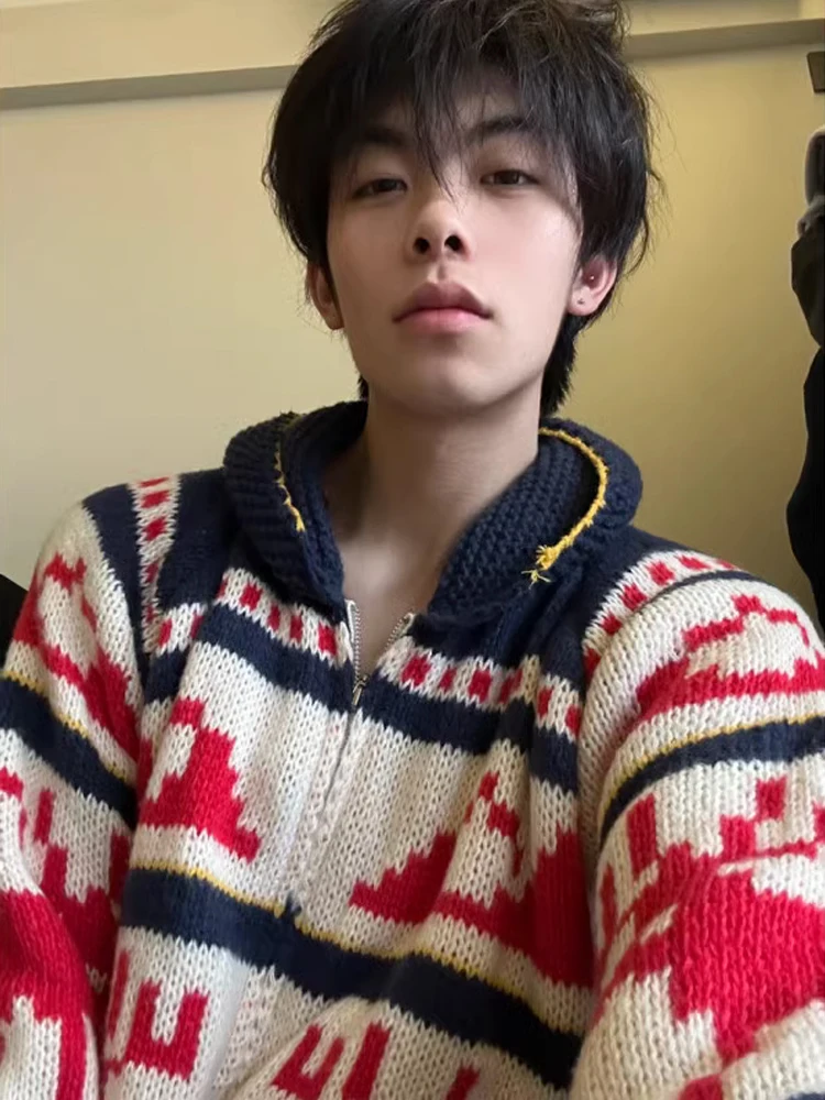 

Мужской вязаный кардиган Cisas Deer Red Fair Isle на молнии, утепленный, осенне-зимний, в стиле Lazy Sle, повседневная одежда