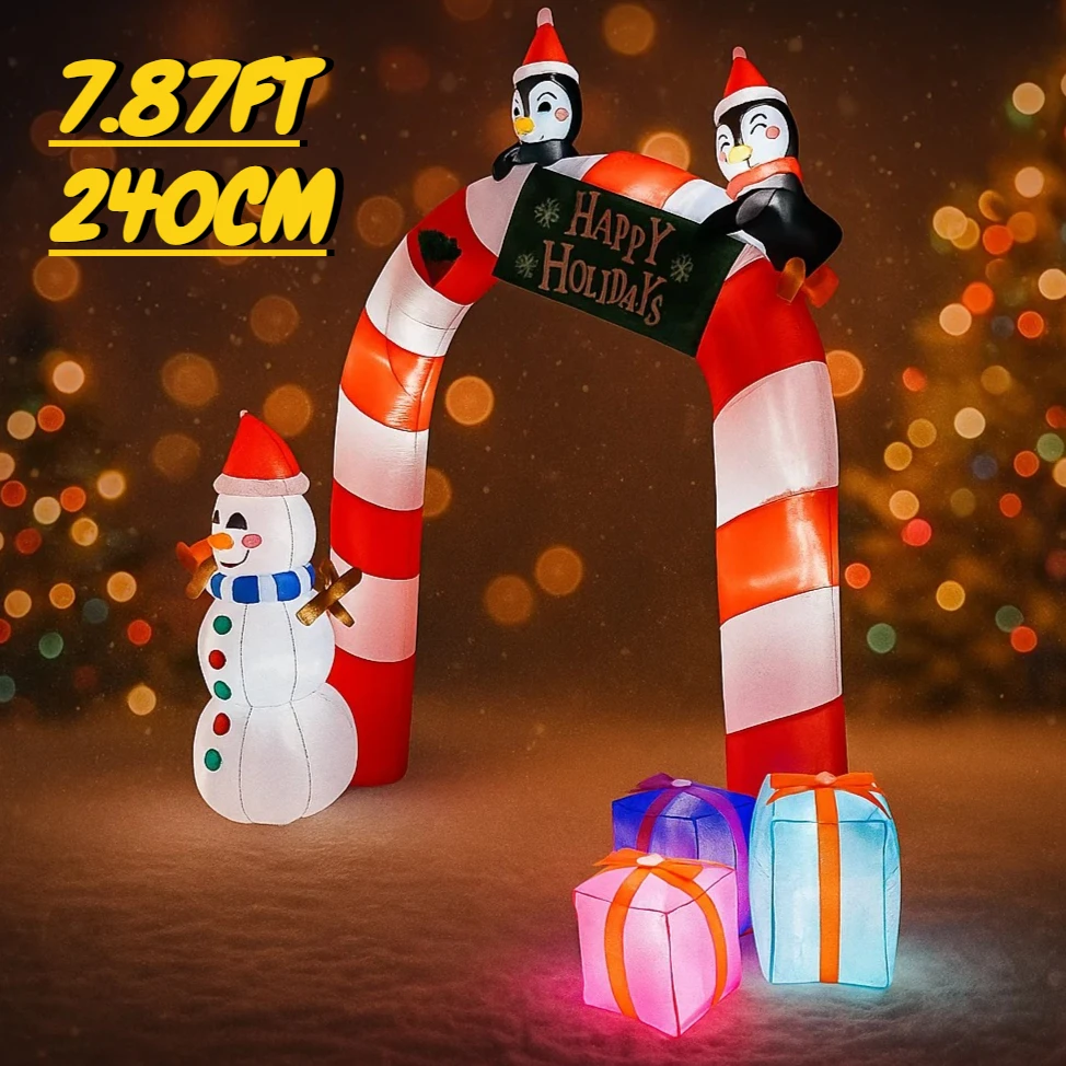 7.87FT Inflatable Christmas Arch Snowman Penguins Toy LED Lit Festive Christmas Gifts Xmas Inflatable Yard Decorations  Supplies