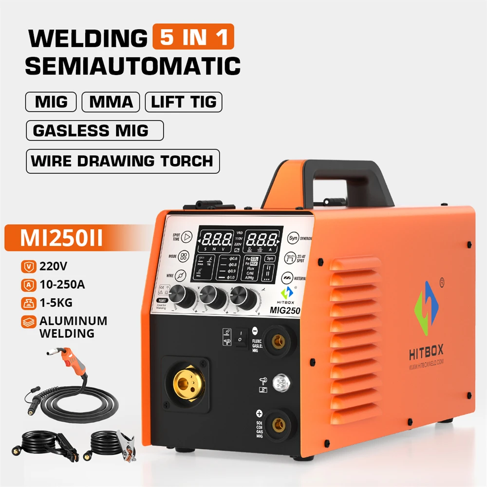 HITBOX 250A 6 in 1 Aluminum Welding Machine ARC MMA/MIG Gas Gasless/Lift TIG 2T 4T IGBT Inverter Semi-Automatic MIG Welder