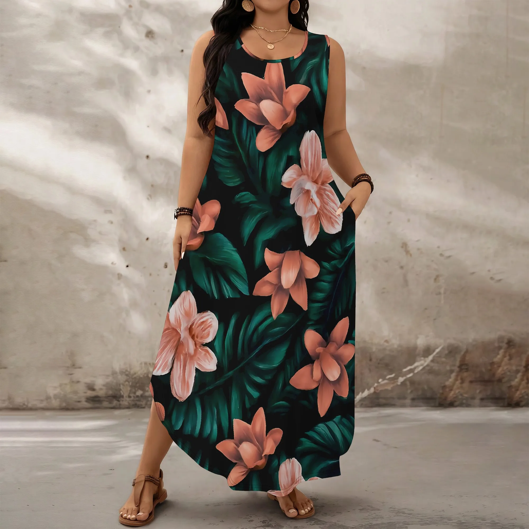 

Tropical Floral Print Plus Size Dress XL‑6XL Sleeveless Loose Fit Maxi Style for Beach Vacation, Summer Brunch or Resort Look